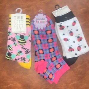 3 pair of ladies fashion design socks pink red lady bugs plaid and bumble bees